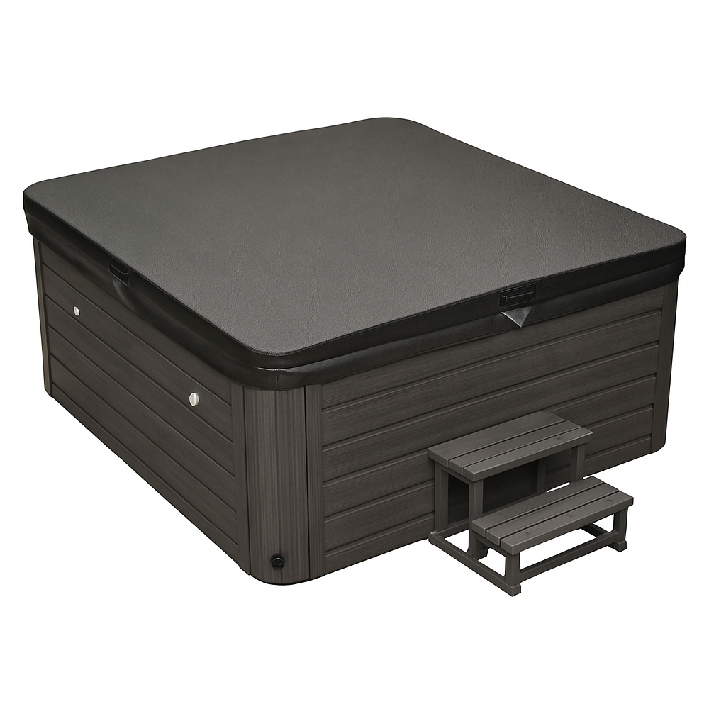 Luxury Spa luxury home hot tub with dark wooden exterior and matching two-step stairs