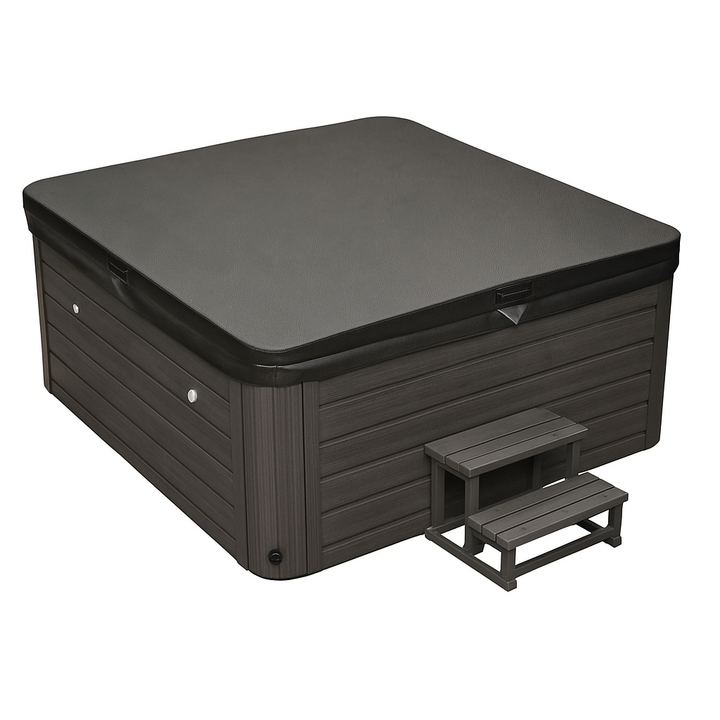Luxury Spa luxury home hot tub with dark wooden exterior and matching two-step stairs
