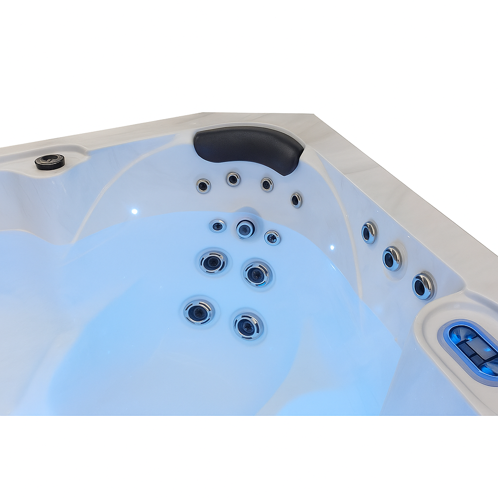 Luxury home hot tub by Luxury Spa with multiple jets and ergonomic headrest in white interior