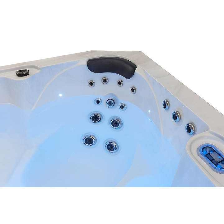Luxury home hot tub by Luxury Spa with multiple jets and ergonomic headrest in white interior