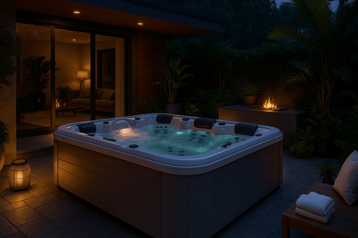 Luxury home hot tub illuminated at night, perfect for relaxing in outdoor spaces