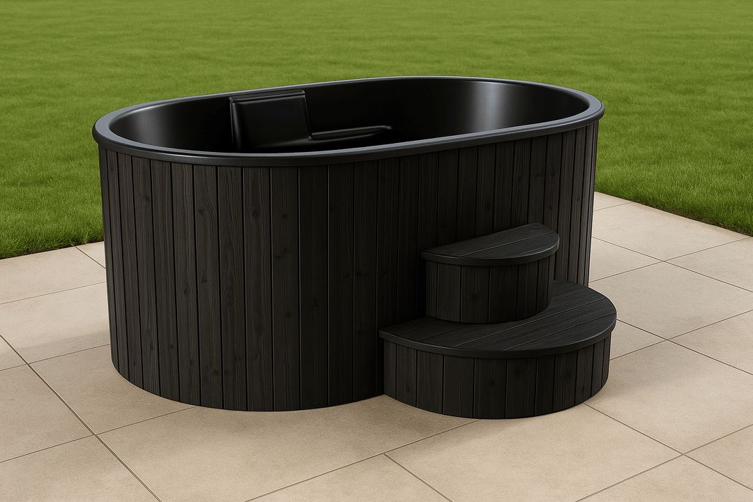 SaunaLife luxury home spa immersion tub with black wood finish and steps for easy entry