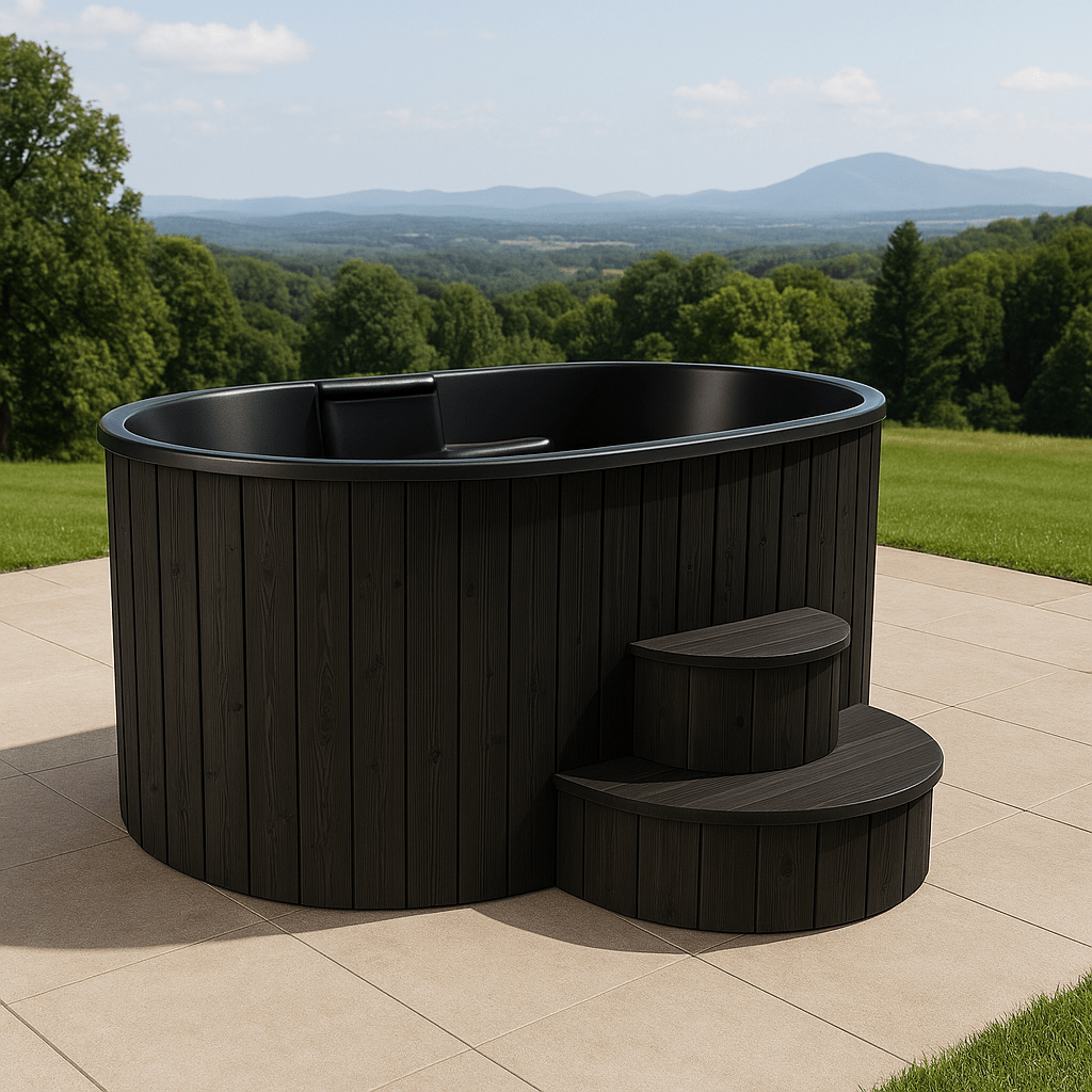 SaunaLife luxury home spa immersion tub with steps, perfect for outdoor relaxation and elegance