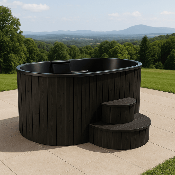 SaunaLife luxury home spa immersion tub with steps, perfect for outdoor relaxation and elegance