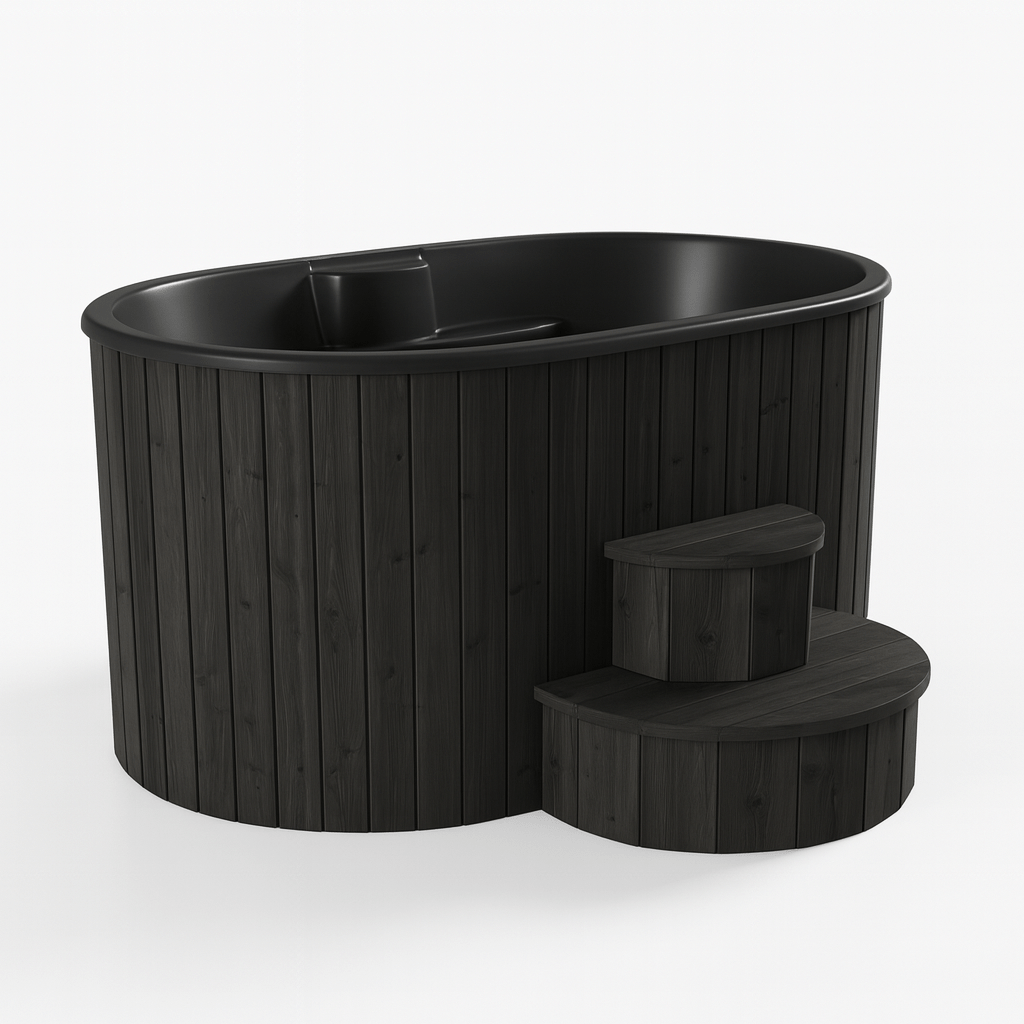 SaunaLife luxury home spa immersion tub with elegant black wood finish and steps for easy access