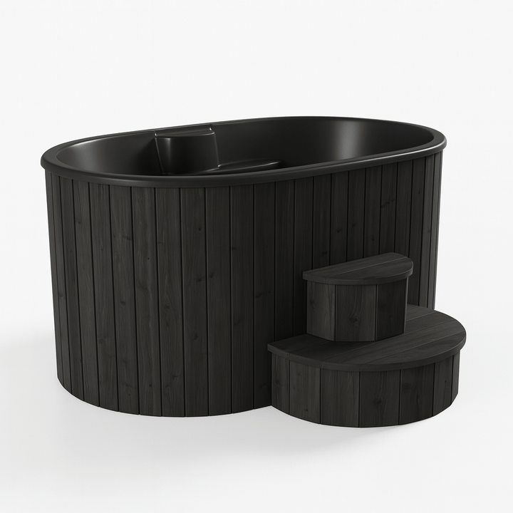 SaunaLife luxury home spa immersion tub with elegant black wood finish and steps for easy access