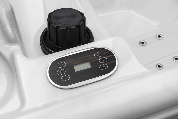 Control panel of a Luxury hot tub featuring intuitive buttons for temperature and jets adjustment