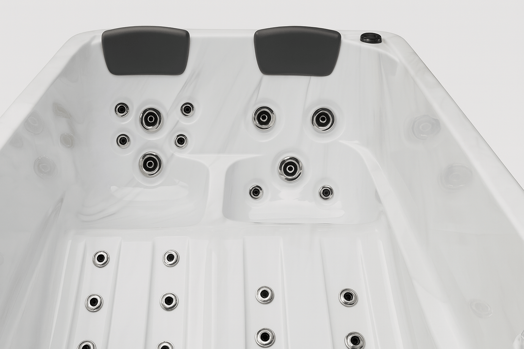 Luxury hot tub interior with multiple massage jets and comfortable seating for relaxation