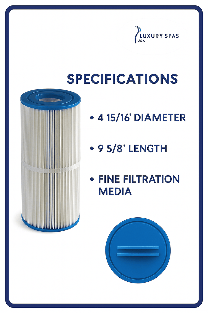 Luxury hot tub filter kit with fine filtration media, 4 15/16 diameter, and 9 5/8 length for optimal performance
