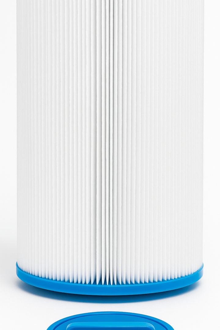 Luxury hot tub filter replacement with white pleated design and blue base by Luxury Spa