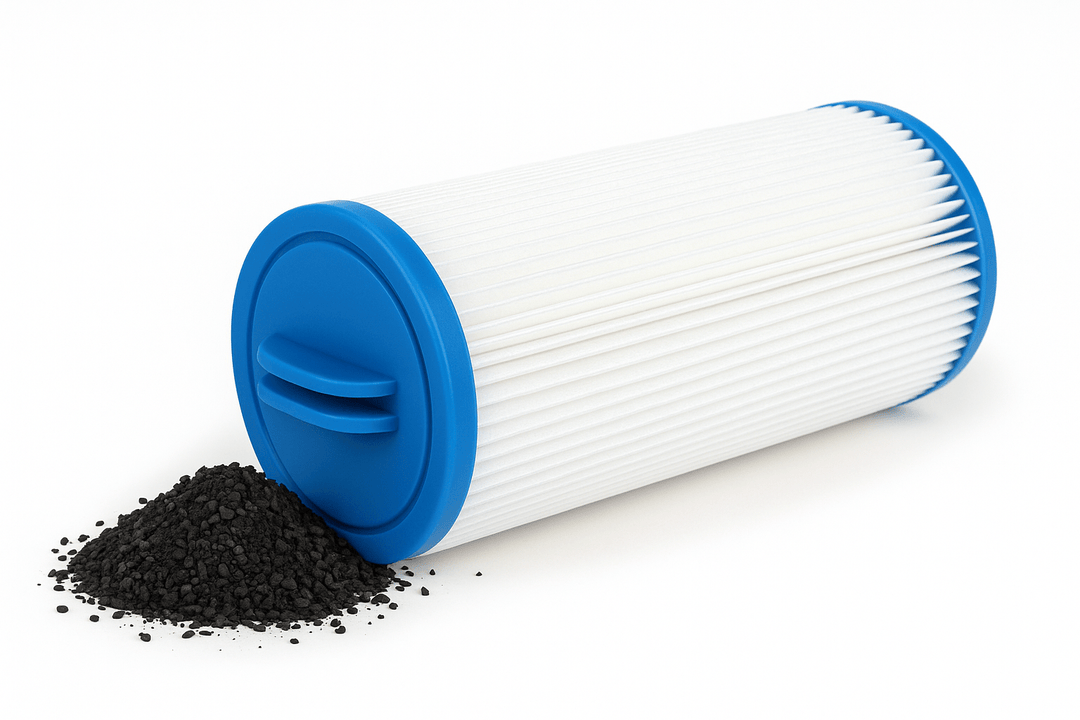 Luxury hot tub filter replacement with a blue top and white pleated design, featuring spilled filter media