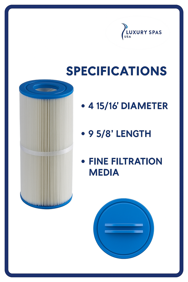 Luxury Spa luxury hot tub filters with blue end caps and fine filtration media detailed specifications