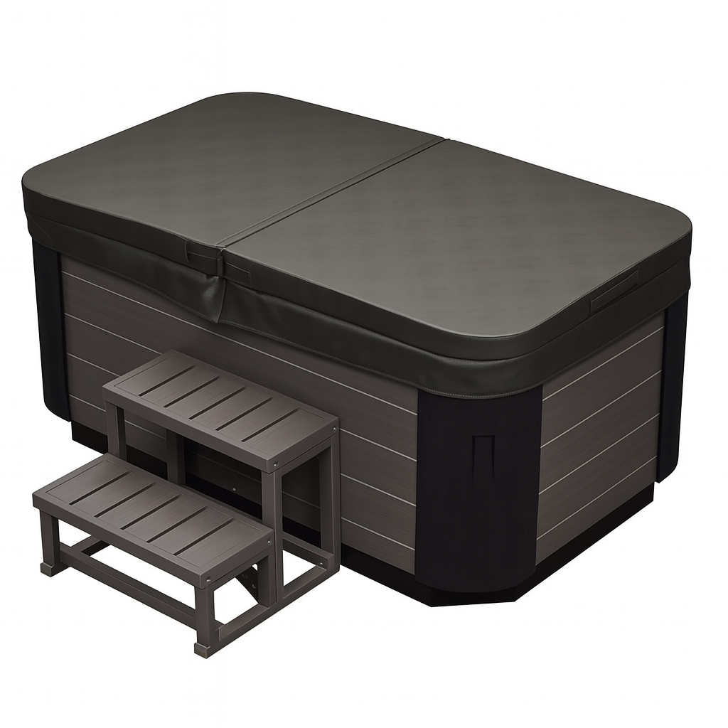 Luxury Spa luxury hot tub for home with dark cover and matching two-step wooden stairs