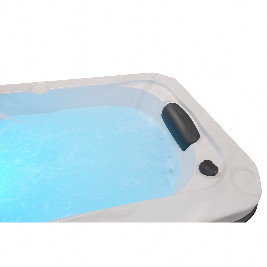 Luxury Spa luxury hot tub for home with cushioned headrest and bubbling water in white frame