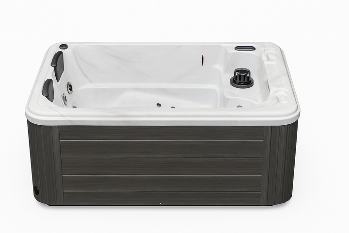 Luxury Spa luxury hot tub with white interior and dark wood exterior panels for outdoor relaxation