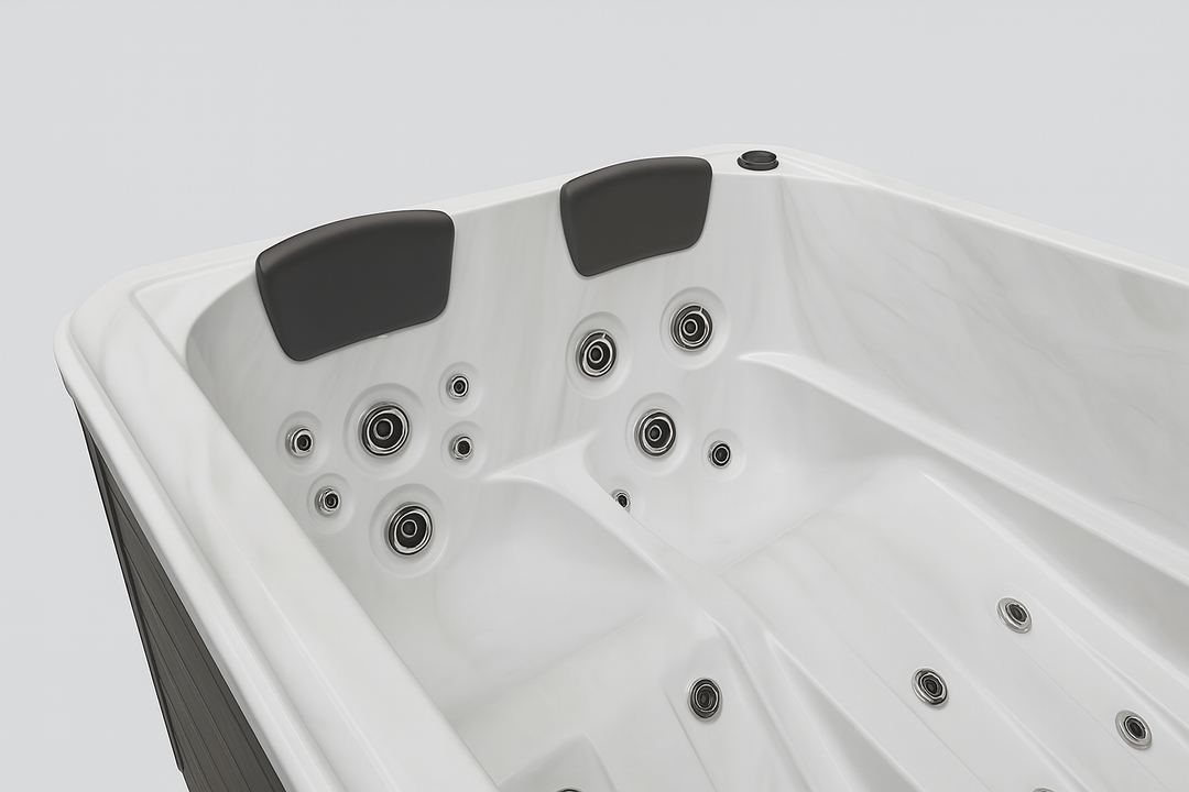 Luxury hot tub by Luxury Spa featuring dual seating with ergonomic headrests and multiple jet settings