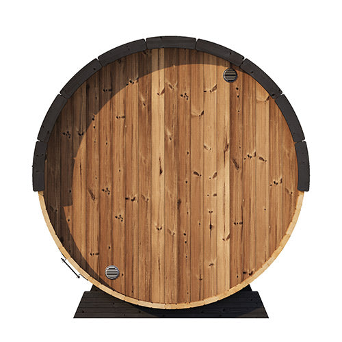 SaunaLife luxury outdoor barrel sauna front view with wooden planks and black trim