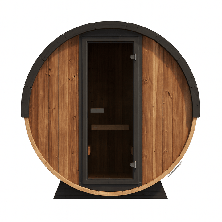 Luxury outdoor barrel sauna from SaunaLife featuring a wooden design and an inviting entrance