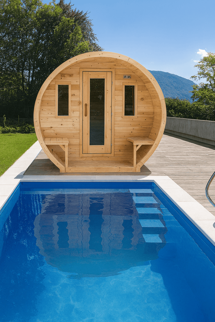 Luxury Outdoor Barrel Sauna by Leisurecraft with a wooden exterior near a swimming pool