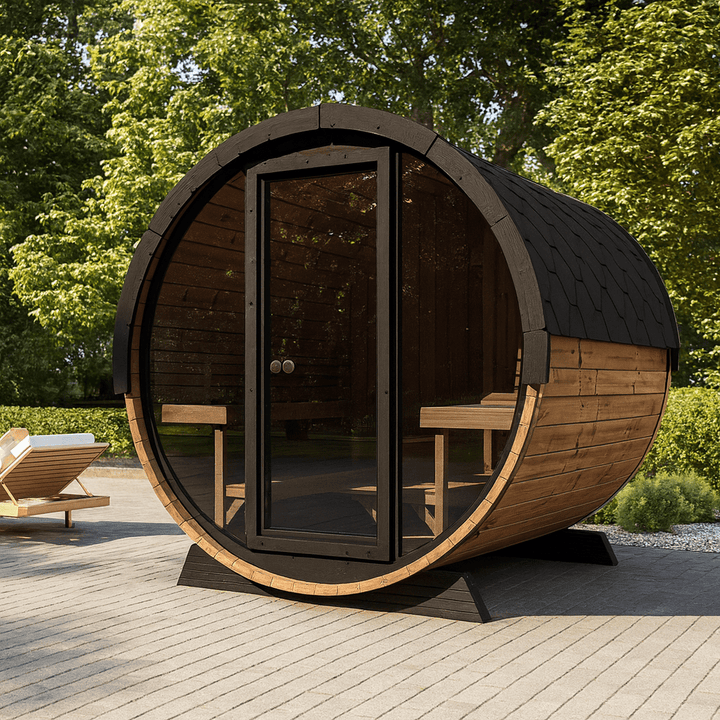 Luxury outdoor barrel sauna from SaunaLife featuring a round design and wooden structure for relaxing outdoor experiences
