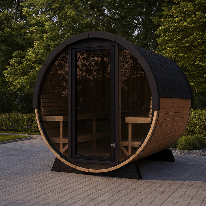 Luxury outdoor barrel sauna by SaunaLife with a sleek design and spacious interior for relaxation