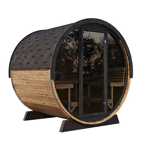 SaunaLife luxury outdoor barrel sauna with wooden body and glass door for backyard relaxation