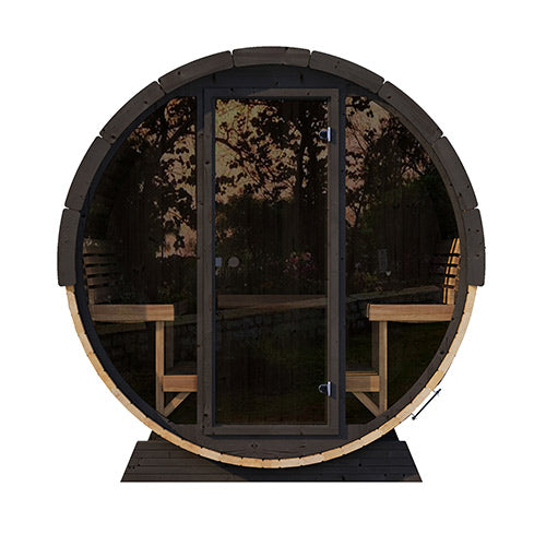 SaunaLife luxury outdoor barrel sauna with curved wooden design and glass door front view