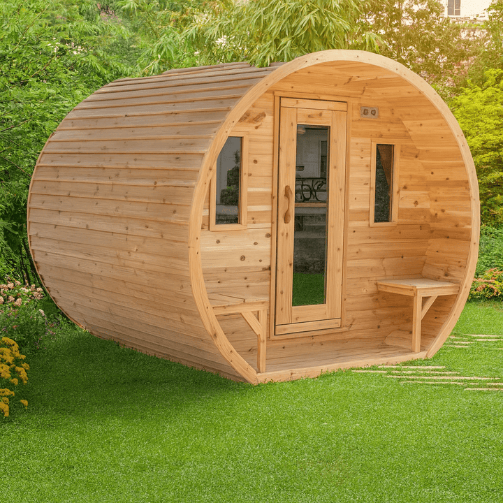 Luxury Outdoor Barrel Sauna by Leisurecraft with natural wood finish and large entry doors