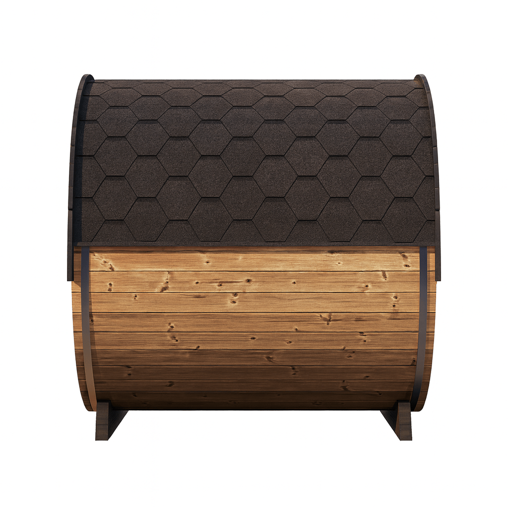 Luxury outdoor barrel sauna by SaunaLife with a wooden design and hexagonal roof pattern