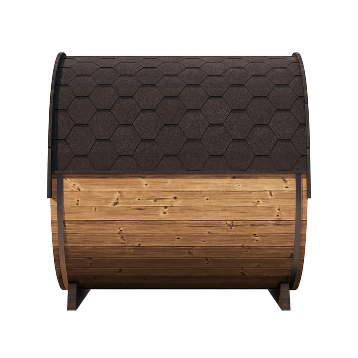 Luxury outdoor barrel sauna by SaunaLife with a wooden design and hexagonal roof pattern