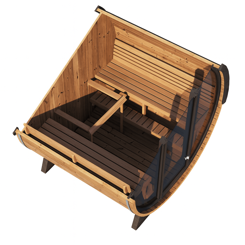 Luxury outdoor barrel sauna featuring a spacious interior with wooden benches and a sleek design