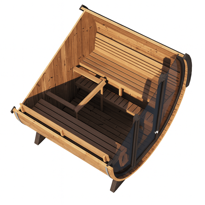 Luxury outdoor barrel sauna featuring a spacious interior with wooden benches and a sleek design
