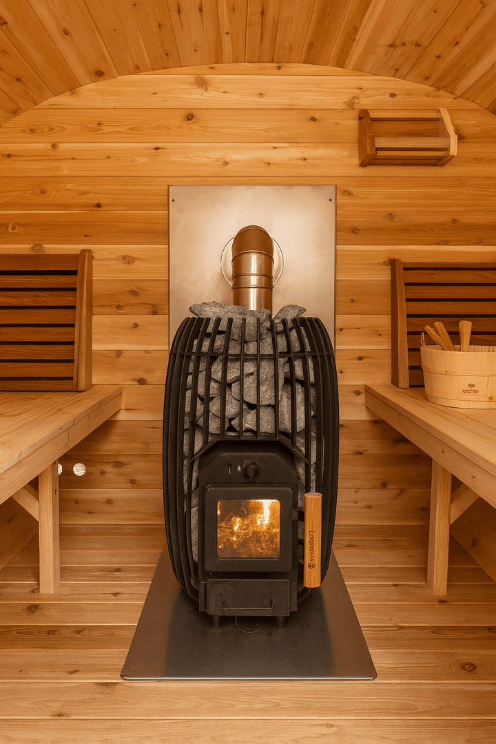 Interior of a Leisurecraft luxury outdoor barrel sauna featuring a wood-burning stove and wooden benches