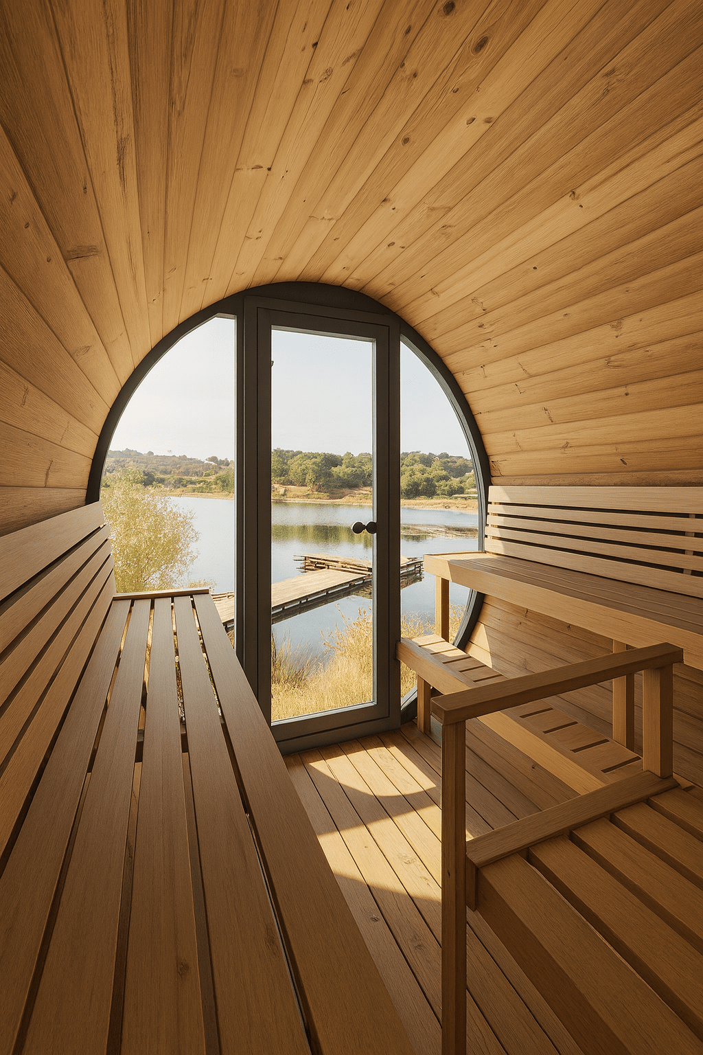 Interior view of luxury outdoor barrel sauna with wooden benches and large windows overlooking a scenic view