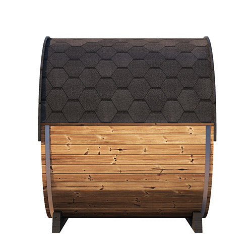 SaunaLife luxury outdoor barrel sauna with wooden curved walls and hexagonal shingle roof