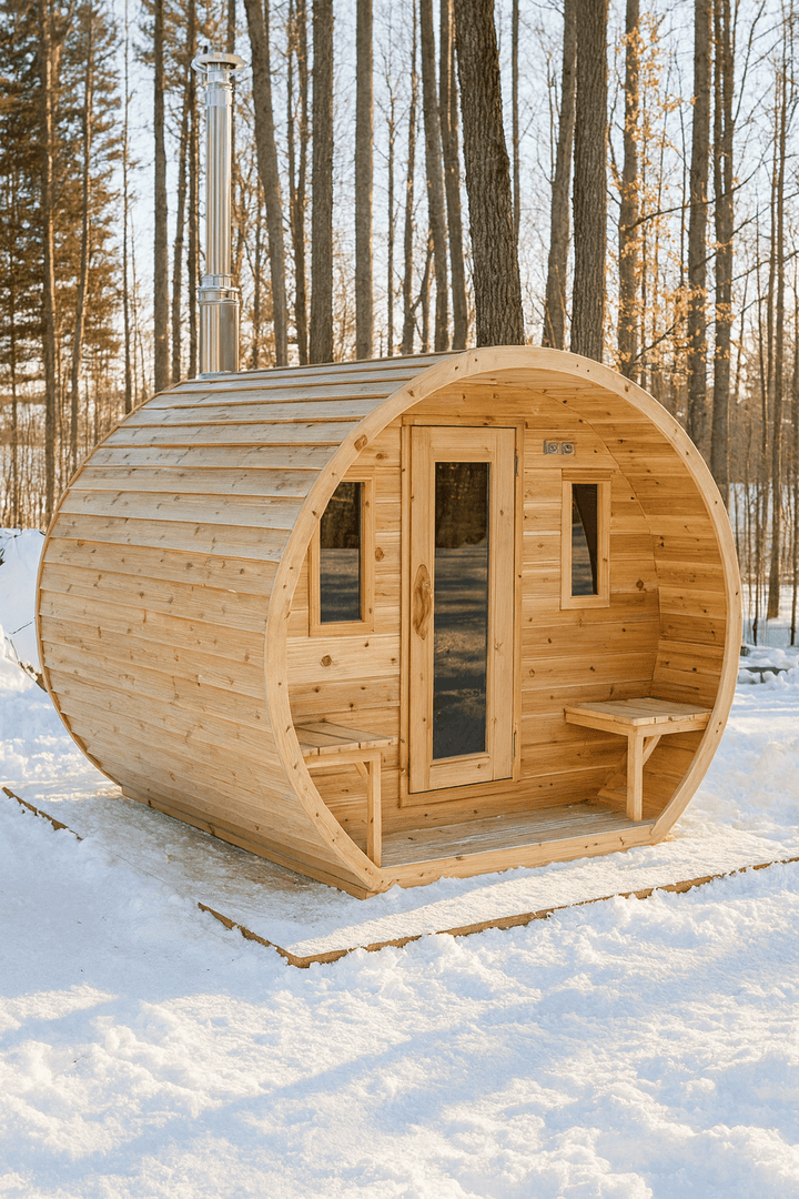 Luxury Outdoor Barrel Sauna by Leisurecraft in natural wood, ideal for relaxation and wellness in any backyard
