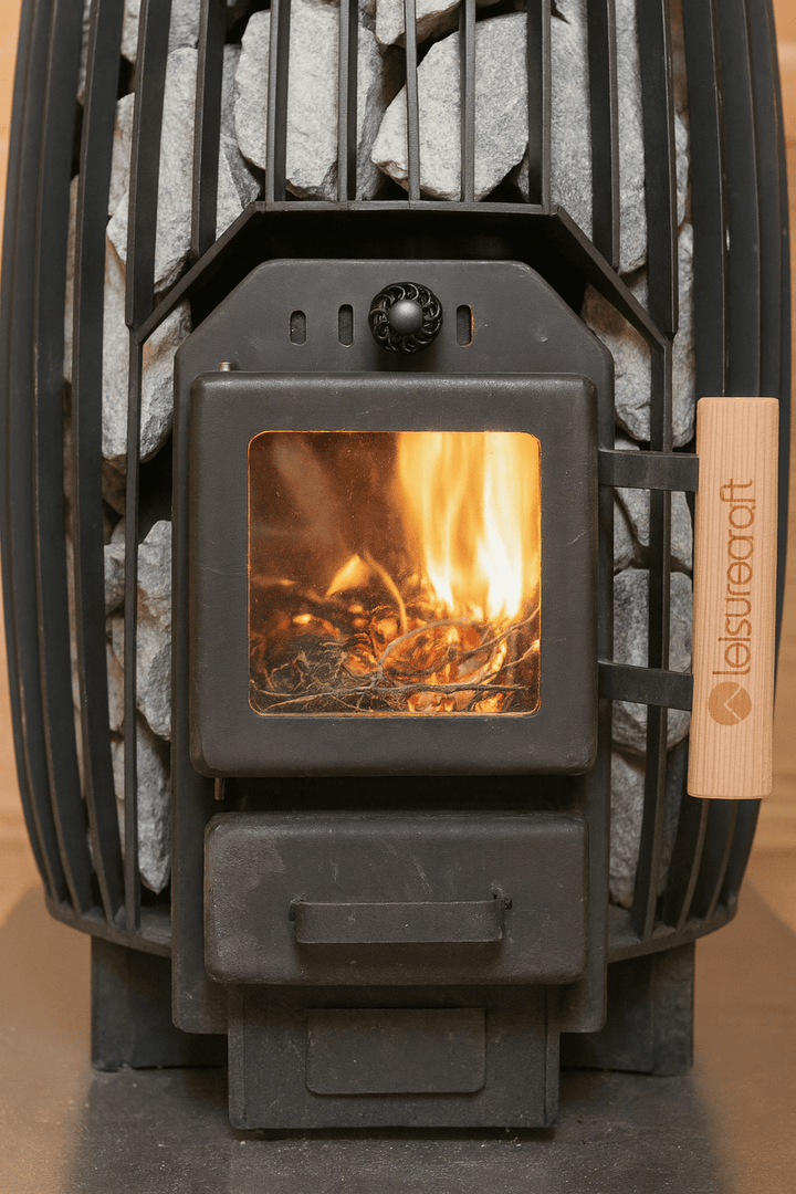 Luxury Outdoor Barrel Sauna Heater with Flames and Stones for Relaxation and Comfort