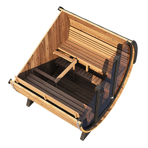 SaunaLife luxury outdoor barrel sauna with wooden benches and curved glass door design