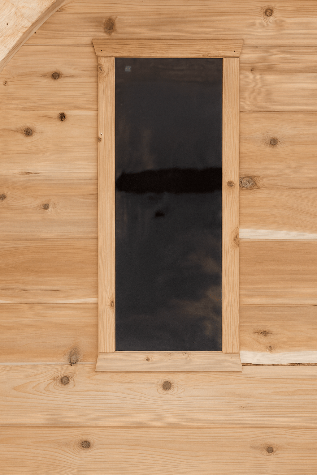 Luxury Outdoor Barrel Sauna with a wooden exterior featuring a large window for natural light