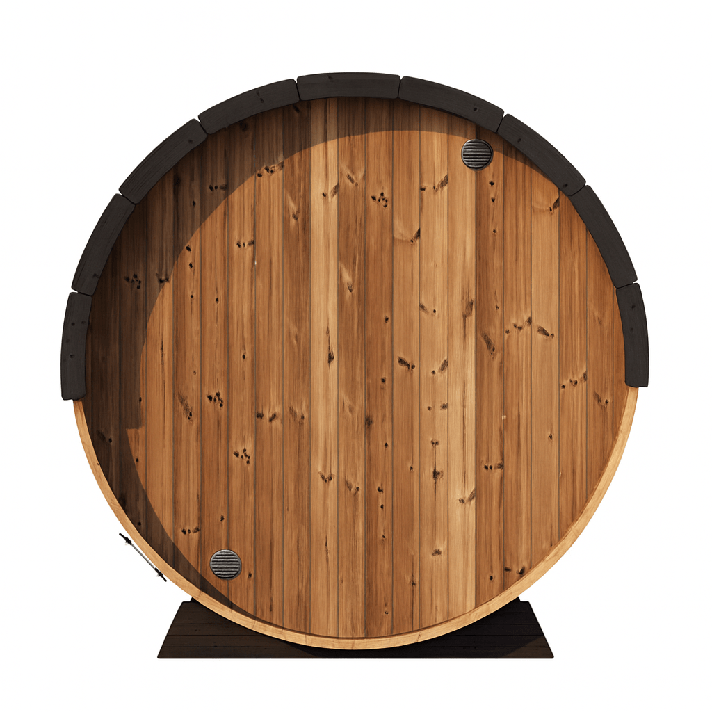 Luxury outdoor barrel sauna by SaunaLife with natural wood finish and stylish round design