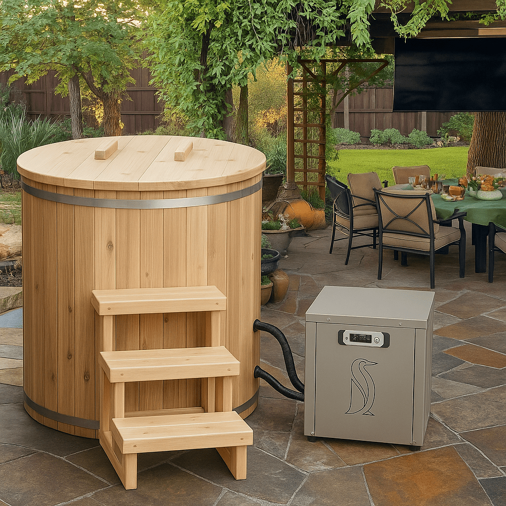 Leisurecraft luxury plunge tub featuring natural wood design with steps for easy access