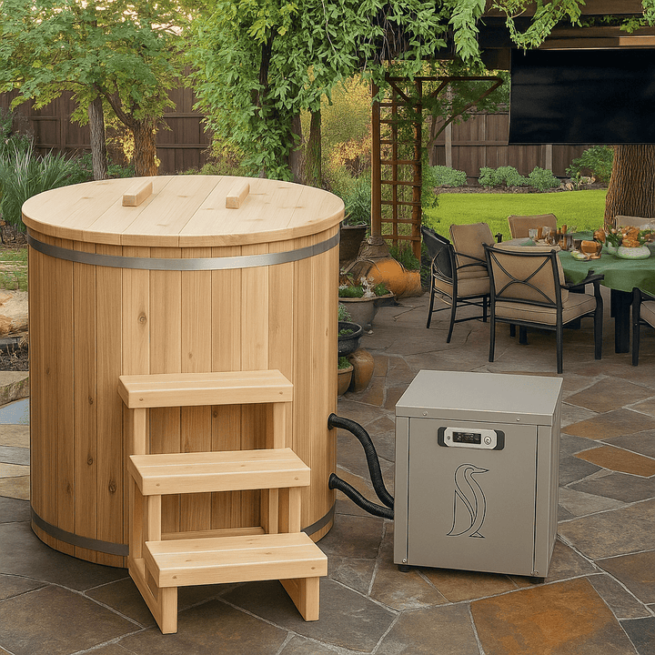 Leisurecraft luxury plunge tub featuring natural wood design with steps for easy access