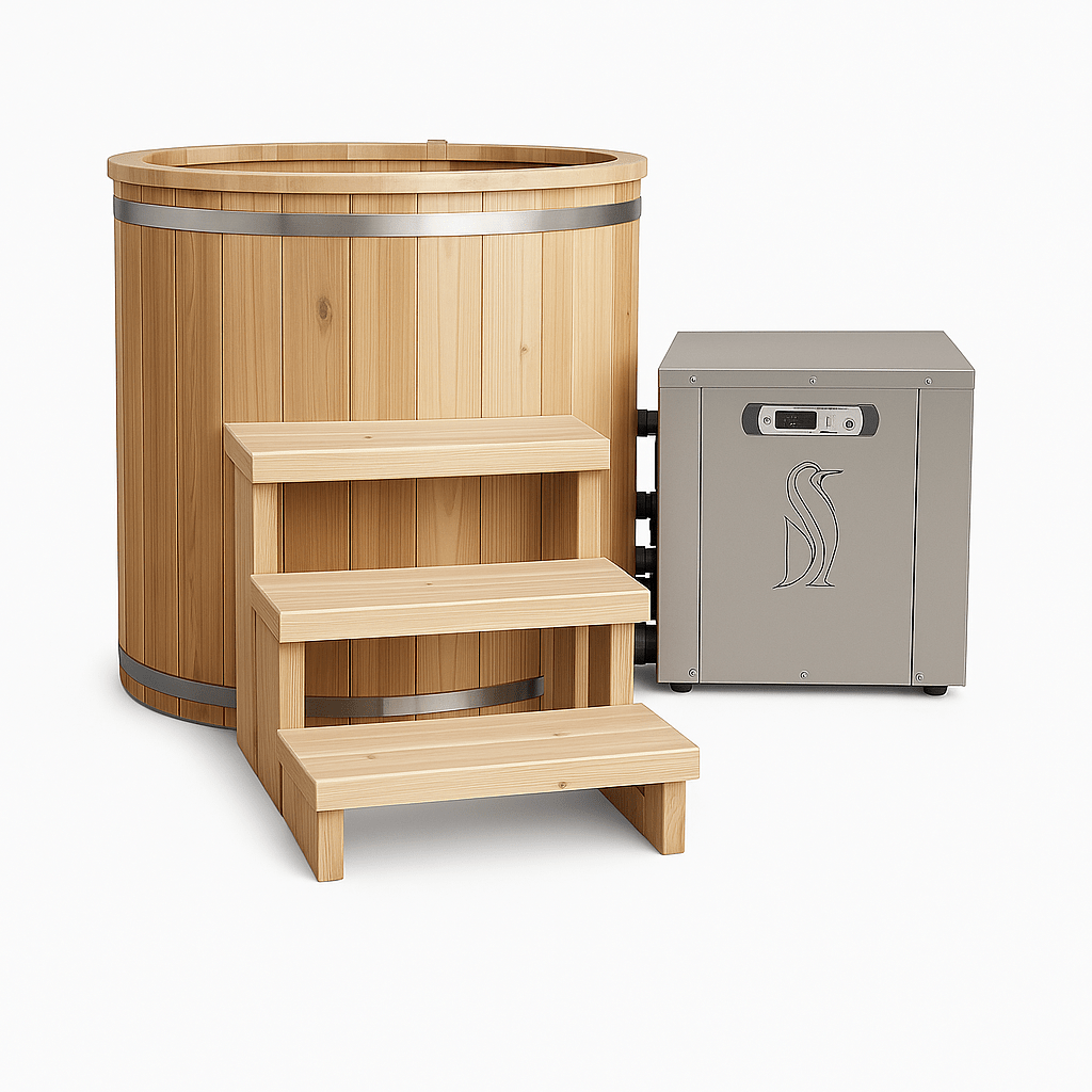 Leisurecraft luxury plunge tub made of natural wood with wooden steps and a stainless steel heater