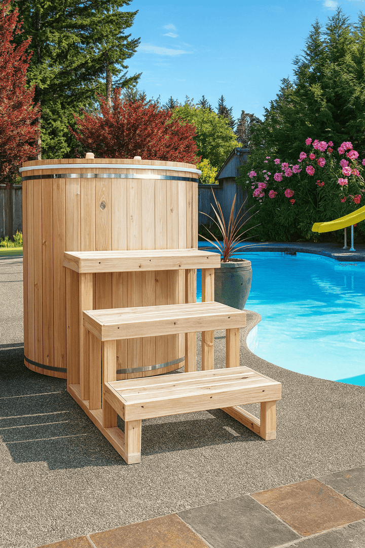 Leisurecraft luxury plunge tub with wooden steps beside a pool, surrounded by lush greenery and flowers