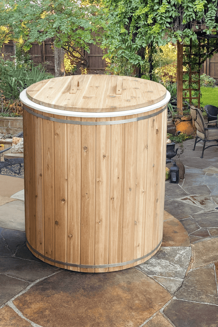 Leisurecraft luxury plunge tub in wooden finish for outdoor relaxation and wellness