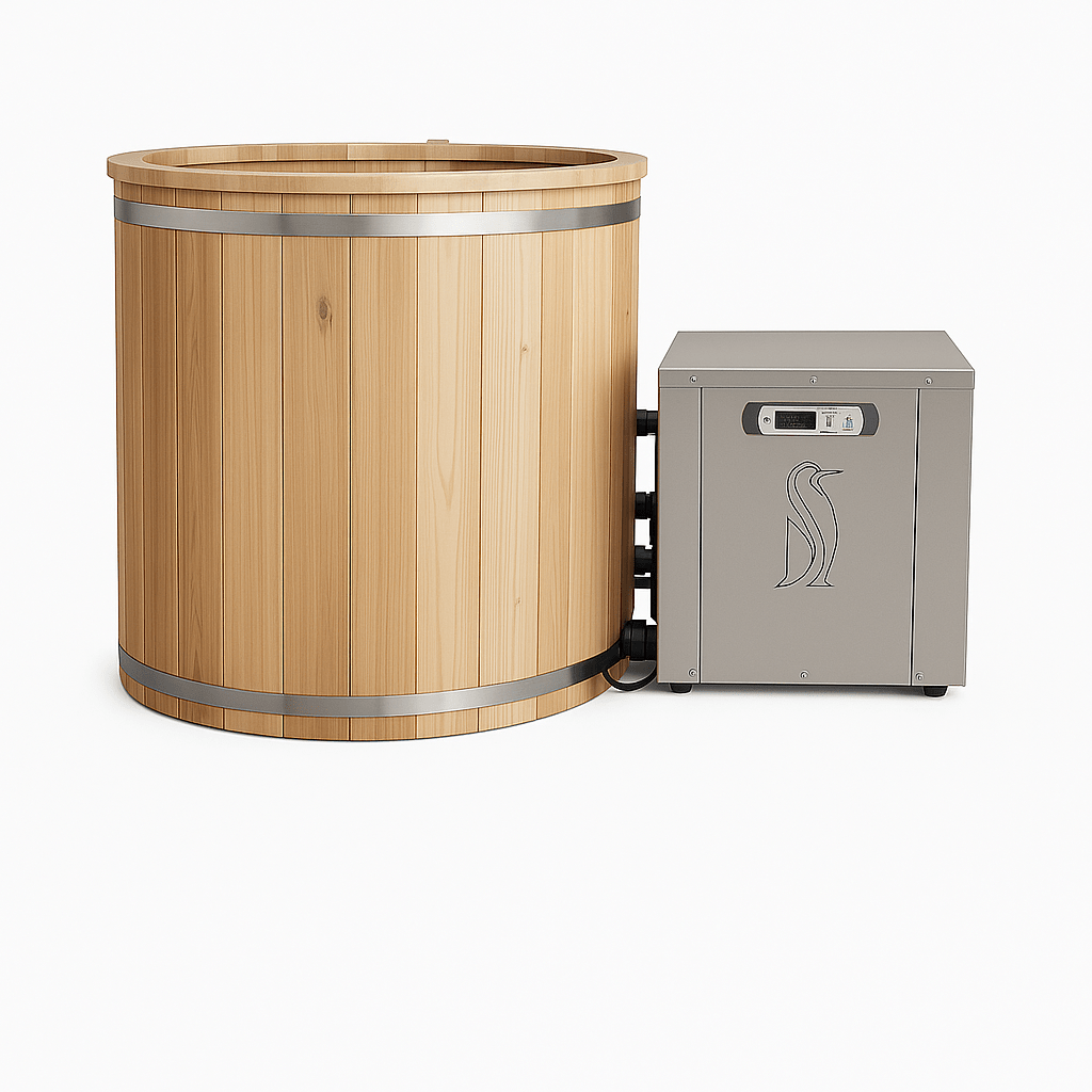 Leisurecraft luxury plunge tub in natural wood with a sleek stainless steel heater for ultimate relaxation