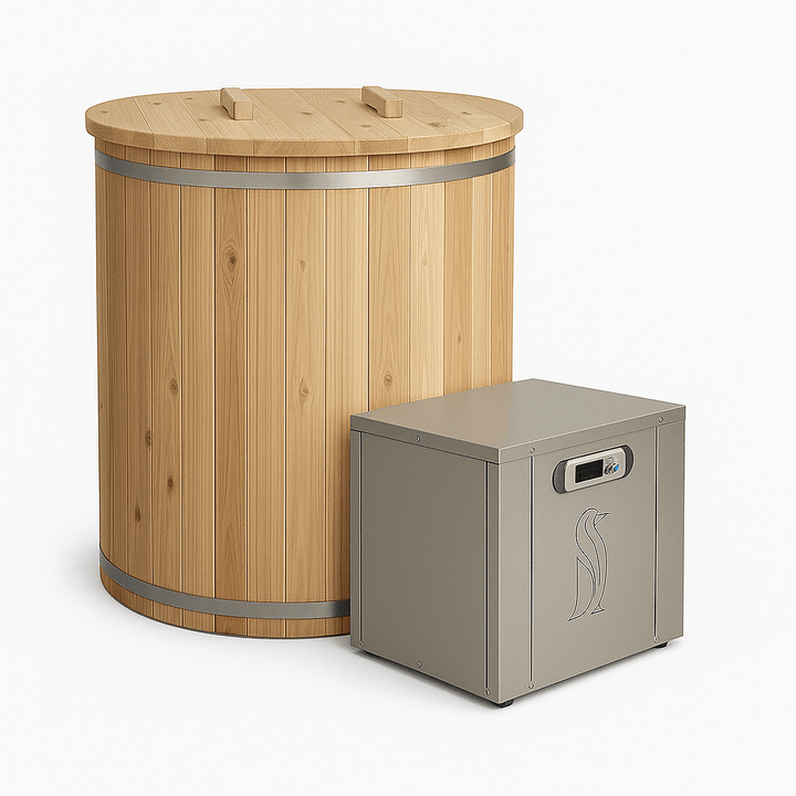 Leisurecraft luxury plunge tub made of wood with a sleek silver control unit for cold therapy