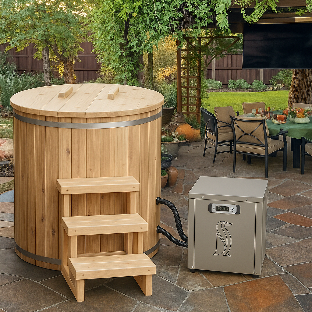 Leisurecraft luxury plunge tubs with wooden exterior and steps for outdoor relaxation