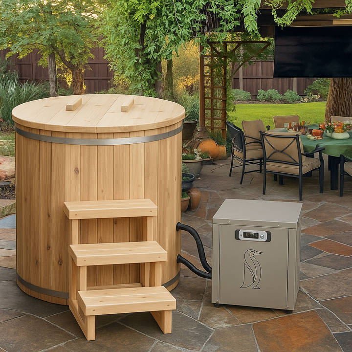 Leisurecraft luxury plunge tubs with wooden exterior and steps for outdoor relaxation