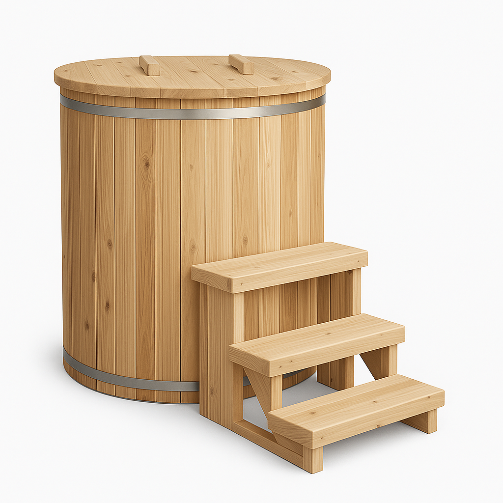 Leisurecraft luxury plunge tubs made of natural wood with attached wooden steps for easy access